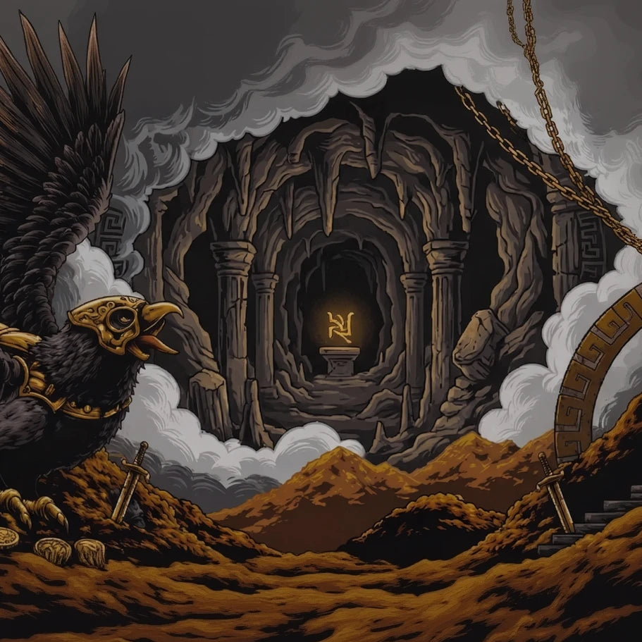 dark fantasy scene with a bird, ruins, and a glowing symbol in the center.