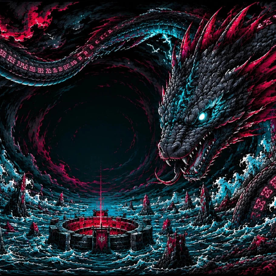 fantasy scene with a large dragon and castle in a dark, mystical setting