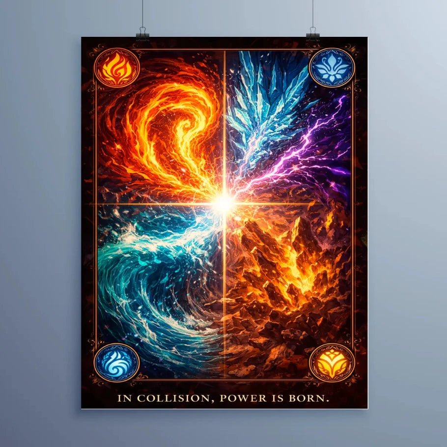 elemental collision – fire water energy metal poster - fictioo