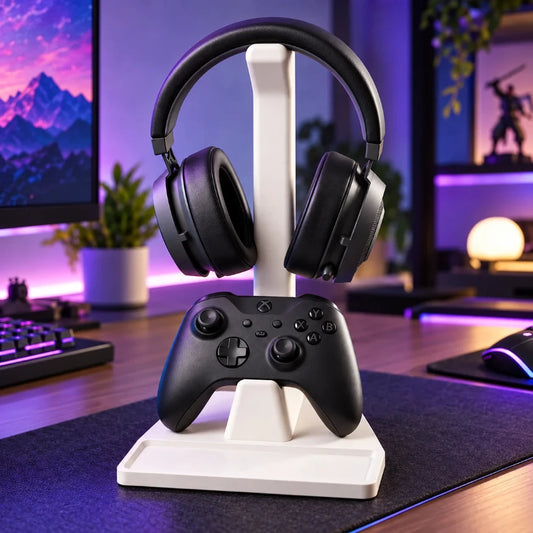 White 3D printed gaming stand holding headphones and Xbox controller on a modern RGB gaming desk