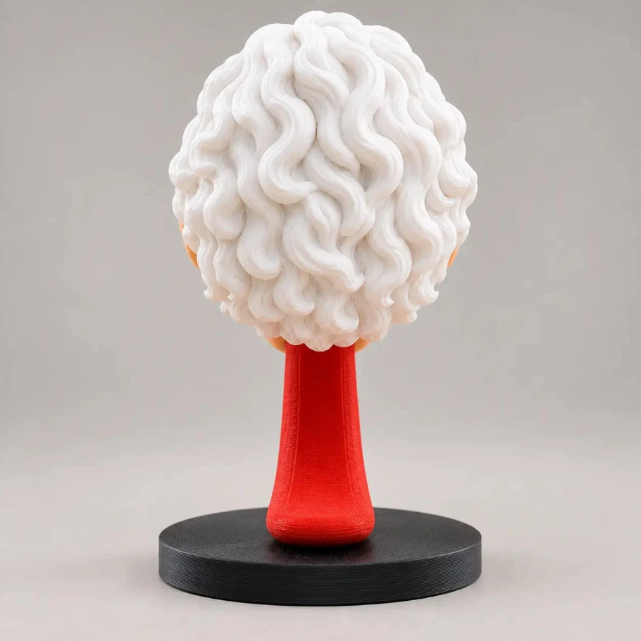 back view of an einstein-inspired 3d printed headphone stand showing detailed layered white hair, red support stem, and black circular base against a neutral studio background.