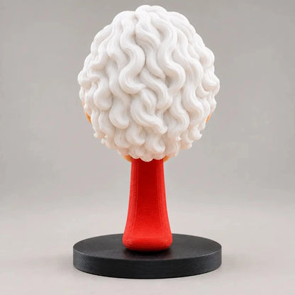 Back view of an Einstein-inspired 3D printed headphone stand showing detailed layered white hair, red support stem, and black circular base against a neutral studio background.