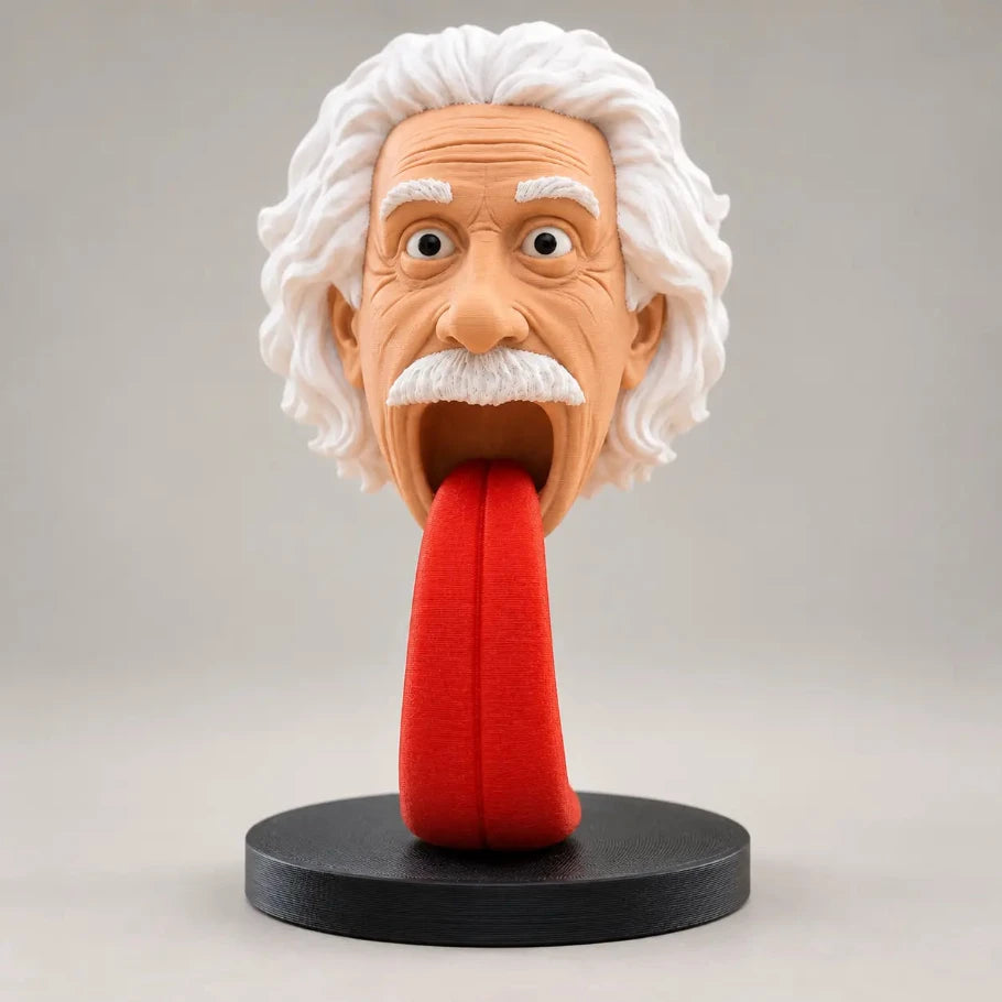 front view of an einstein-inspired 3d printed headphone stand featuring a white-haired caricature bust, open mouth, red tongue-shaped support, and black circular base on a neutral background