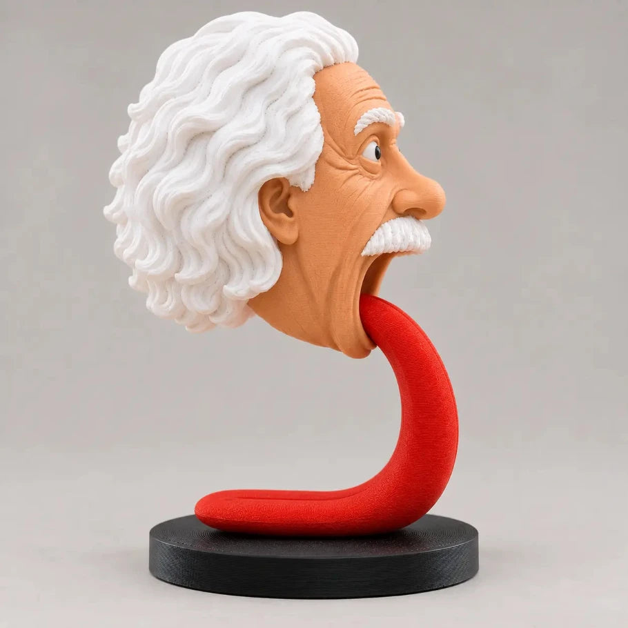 right side profile of an einstein-inspired 3d printed headphone stand with sculpted white hair, exaggerated facial features, red tongue-shaped support, and textured black circular base