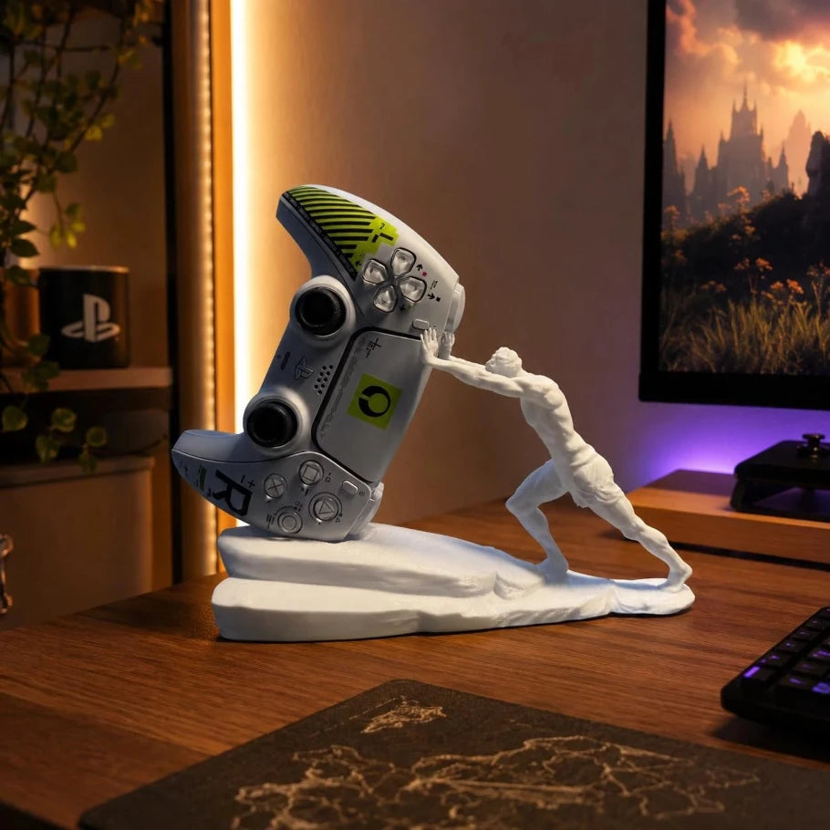 a white figurine of a man pushing a silver playstation 5 console, displayed on a wooden desk in a gaming setup with a monitor, keyboard, and ambient warm lighting.