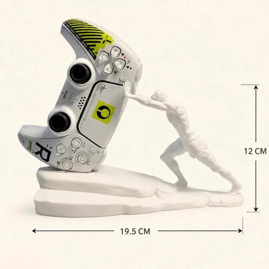 A figurine of a white male athlete pushing a silver and yellow PlayStation 5 console, displayed on a light beige background with dimension lines indicating 19.5 cm width, 12 cm height, and a note for PETG 3D Printed material.