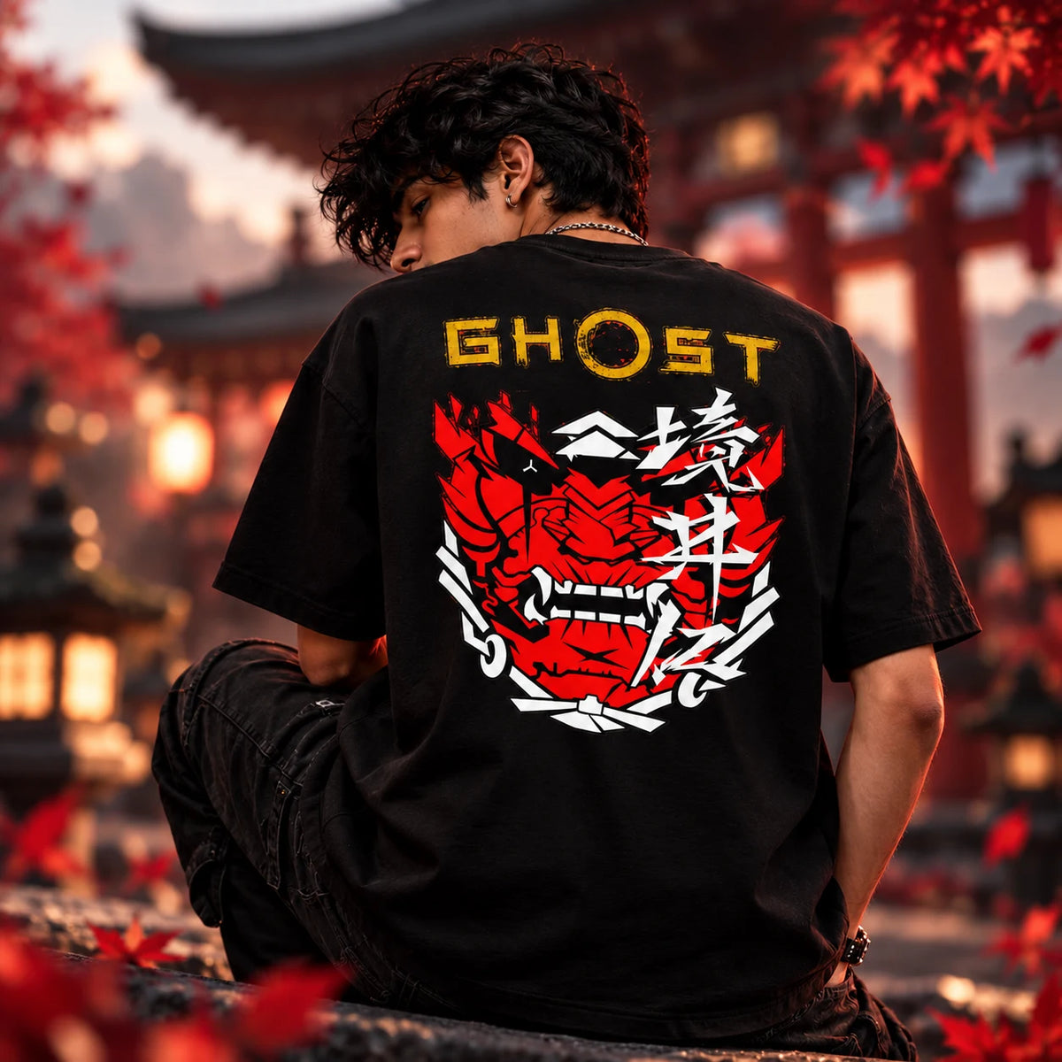 oni phantom ghost oversized t-shirt styled at a temple in autumn - fictioo