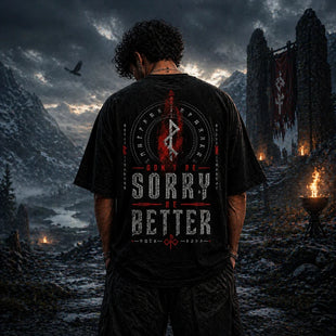 Person wearing a black t-shirt with a message in a fantasy setting