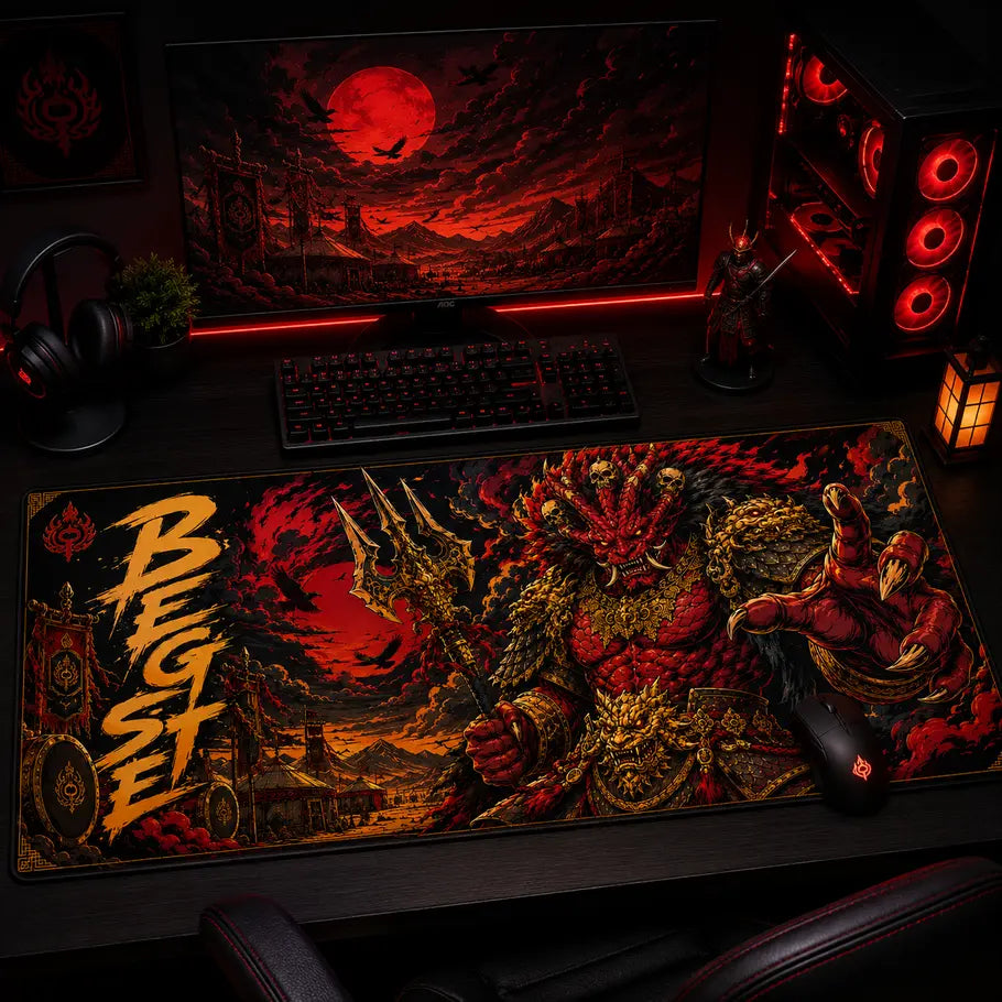 Gaming setup with a large mouse pad featuring a dragon design, keyboard, and monitor displaying a fiery landscape.
