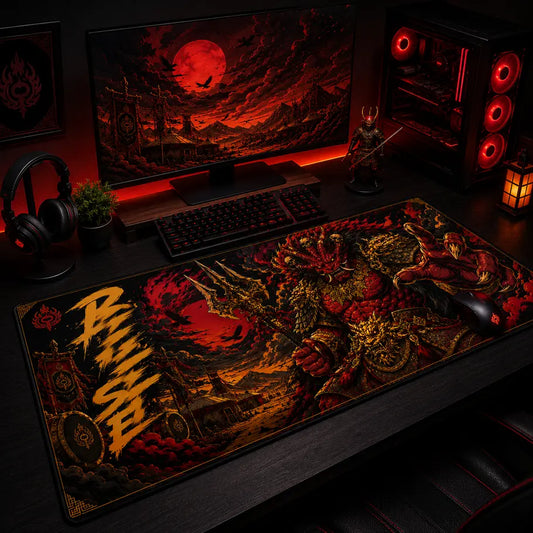 Gaming desk setup with a large mouse pad featuring a dragon design, monitor displaying a fiery scene, and gaming accessories.