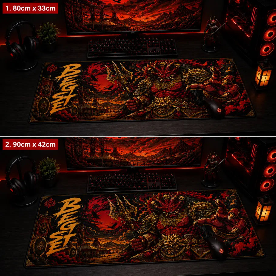 Gaming desk setup with a large mouse pad featuring a dragon design, showing two different sizes.