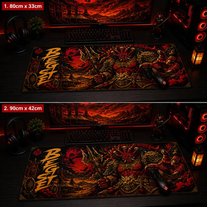 Gaming desk setup with a large mouse pad featuring a dragon design, showing two different sizes.