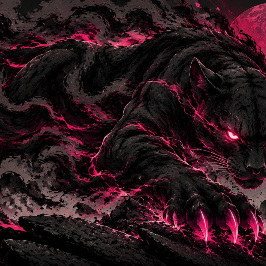 dark fantasy artwork of a black panther or cat-like beast with glowing red eyes and magenta highlights, prowling through swirling dark clouds and rocky terrain under a large red moon.