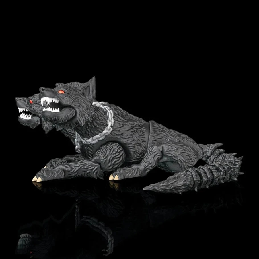 a three-headed black wolf facing towards left with glowing red eyes, sharp white teeth, and metallic silver claws, posed against a solid black reflective background.