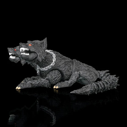A three-headed black wolf facing towards left with glowing red eyes, sharp white teeth, and metallic silver claws, posed against a solid black reflective background.