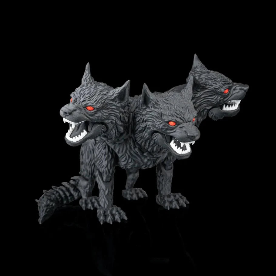 three gray wolfcreatures with red eyes and open mouths on a black background