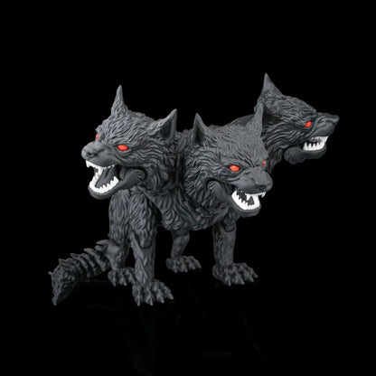 Three gray wolfcreatures with red eyes and open mouths on a black background