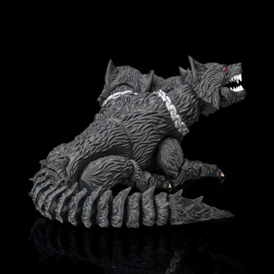 Monster-like creature with sharp teeth and a chain on a black background