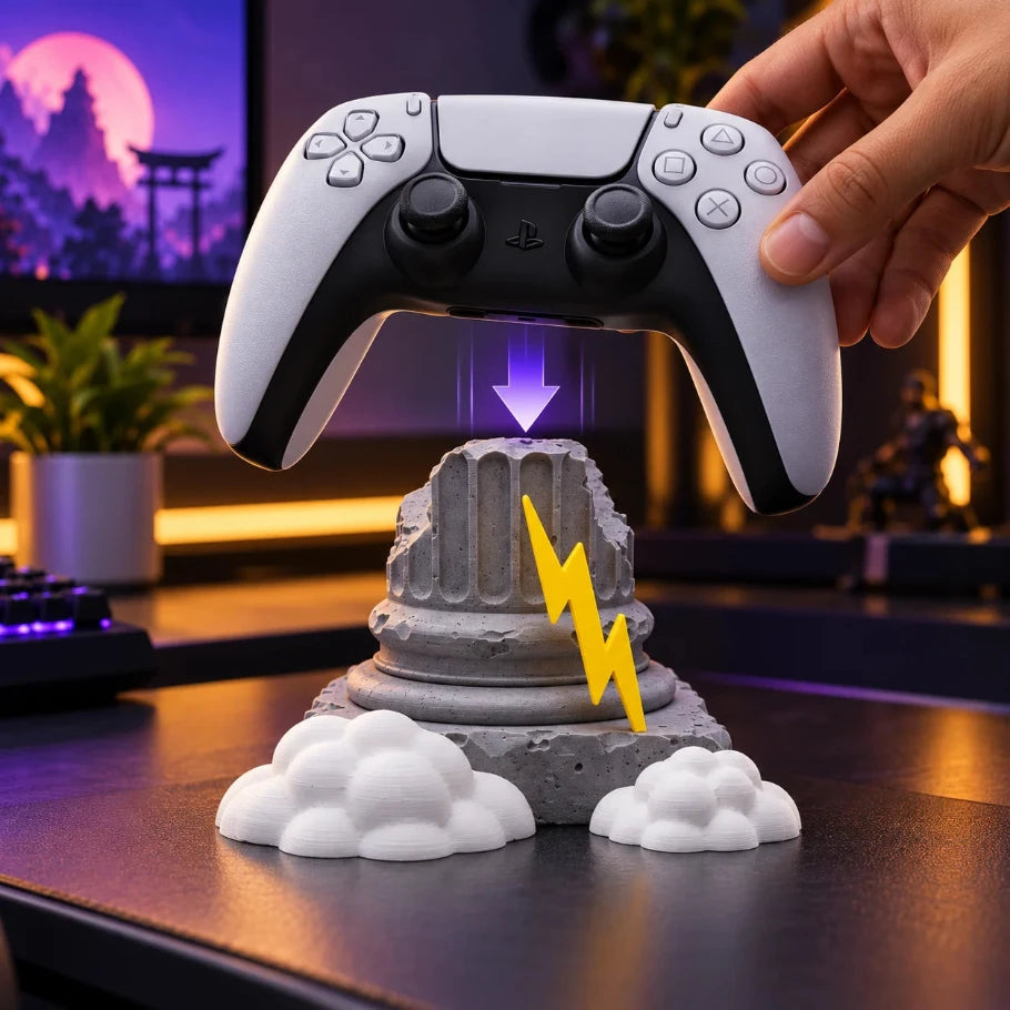 PS5 controller being placed onto Olympus Pillar lightning-themed gaming controller stand in an RGB gaming setup