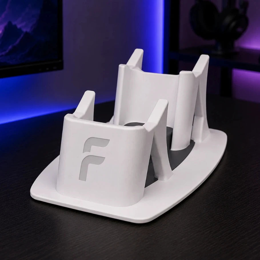 White gaming headset stand with 'F' logo on a dark surface with a blurred background