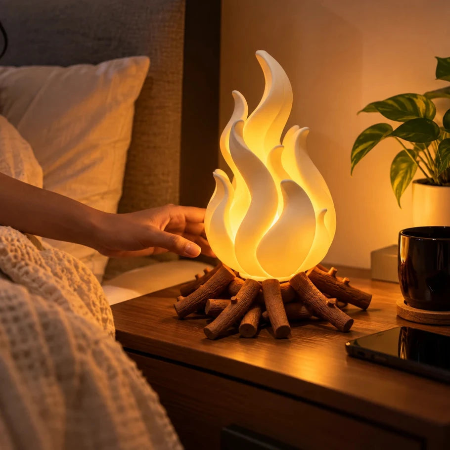 Glowing flame-shaped campfire lamp on a bedside table beside a bed, plant, coffee mug and smartphone