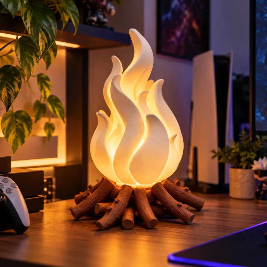 Glowing flame-shaped lamp with log base styled on a gaming desk with a PlayStation controller and RGB lighting