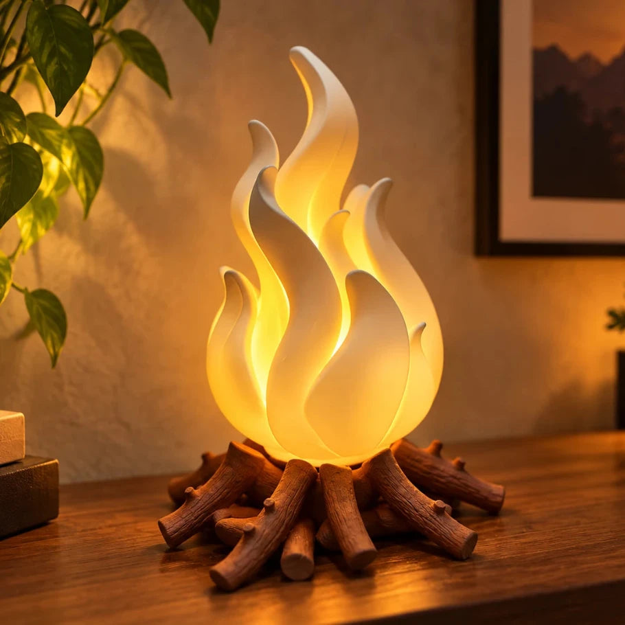 glowing white flame lamp with wooden log base styled on a warm wooden tabletop with indoor plants