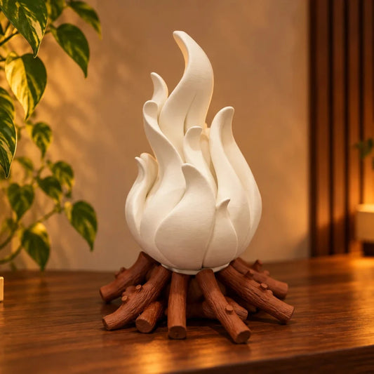 White sculptural flame lamp glowing warmly on a wooden table in a cozy home interior