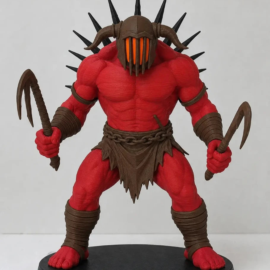 a red and brown fantasy warrior action figure with a horned helmet, holding two curved weapons, standing on a round black base against a plain light background.