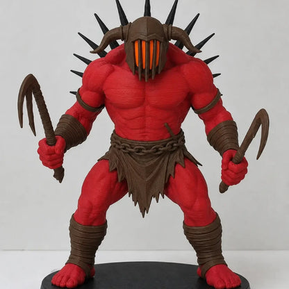 A red and brown fantasy warrior action figure with a horned helmet, holding two curved weapons, standing on a round black base against a plain light background.