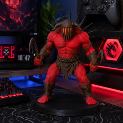 A red muscular fantasy warrior figurine with a black spiked helmet and brown loincloth, posed holding curved blades on a black display base. The figure is photographed in a gaming room setup with a monitor, keyboard, controller, and red ambient lighting in the background.
