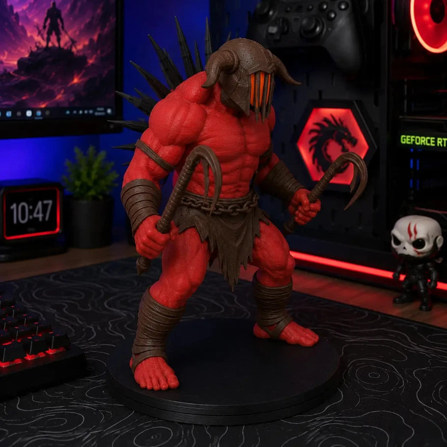 a red muscular fantasy creature figurine with horns, a chain-laced waist, and curved clawed weapons, posed on a black display base in a gaming room setup.