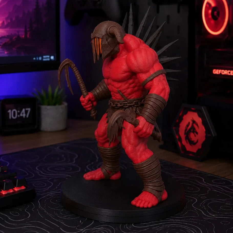 a red muscular fantasy creature figurine standing on a black circular base, holding a curved blade, photographed in a styled desk setup with monitors, keyboard, and gaming accessories in the background.