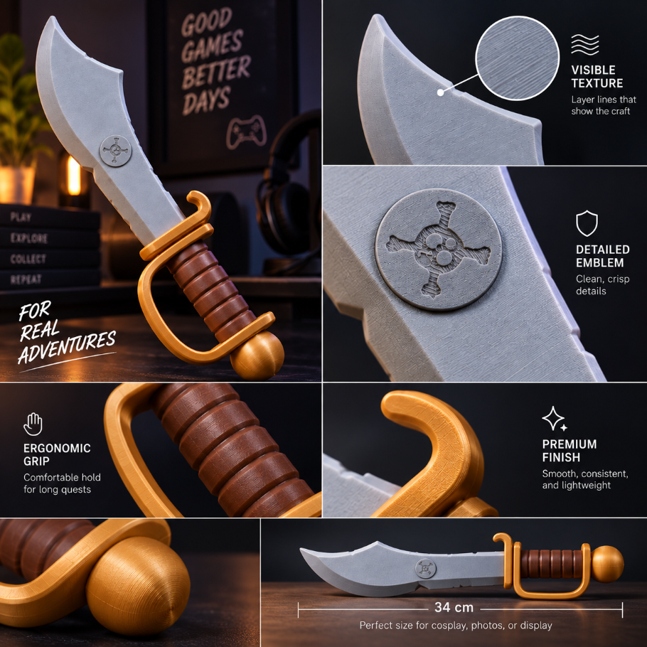 close-up feature collage of a fantasy cutlass showing visible texture, detailed emblem, ergonomic grip, premium finish and 34 cm overall length