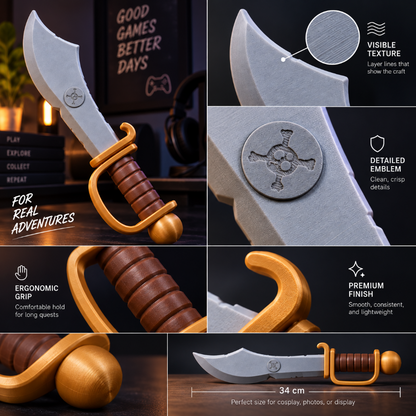 Close-up feature collage of a fantasy cutlass showing visible texture, detailed emblem, ergonomic grip, premium finish and 34 cm overall length