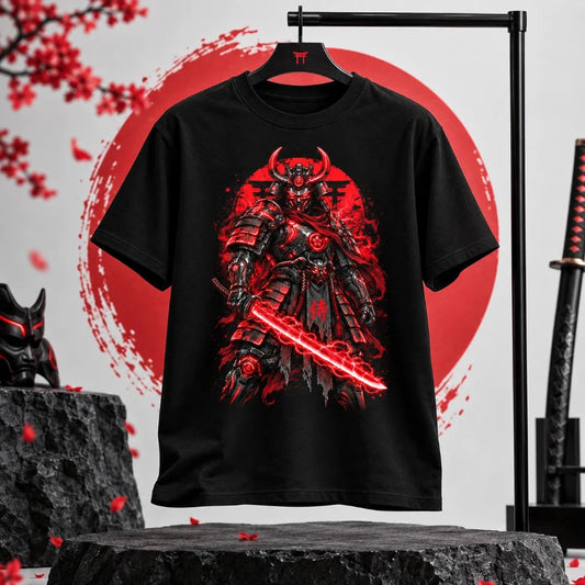Crimson Shogun gaming T-shirt displayed on a hanger with a bold red Japanese-inspired studio setup, highlighting the contained front graphic