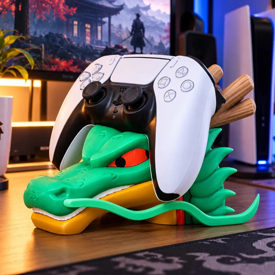 green dragon head controller holder on a gaming setup - fictioo