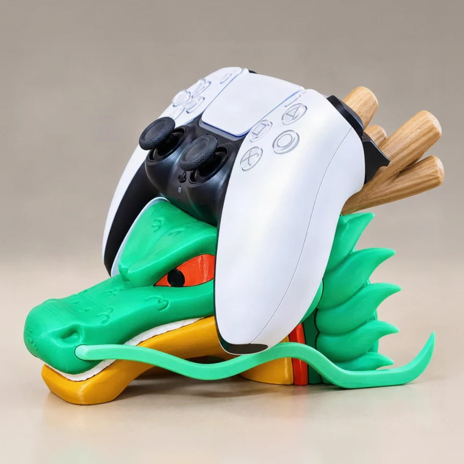 green dragon controller holder front view with red eyes and orange jaw - fictioo