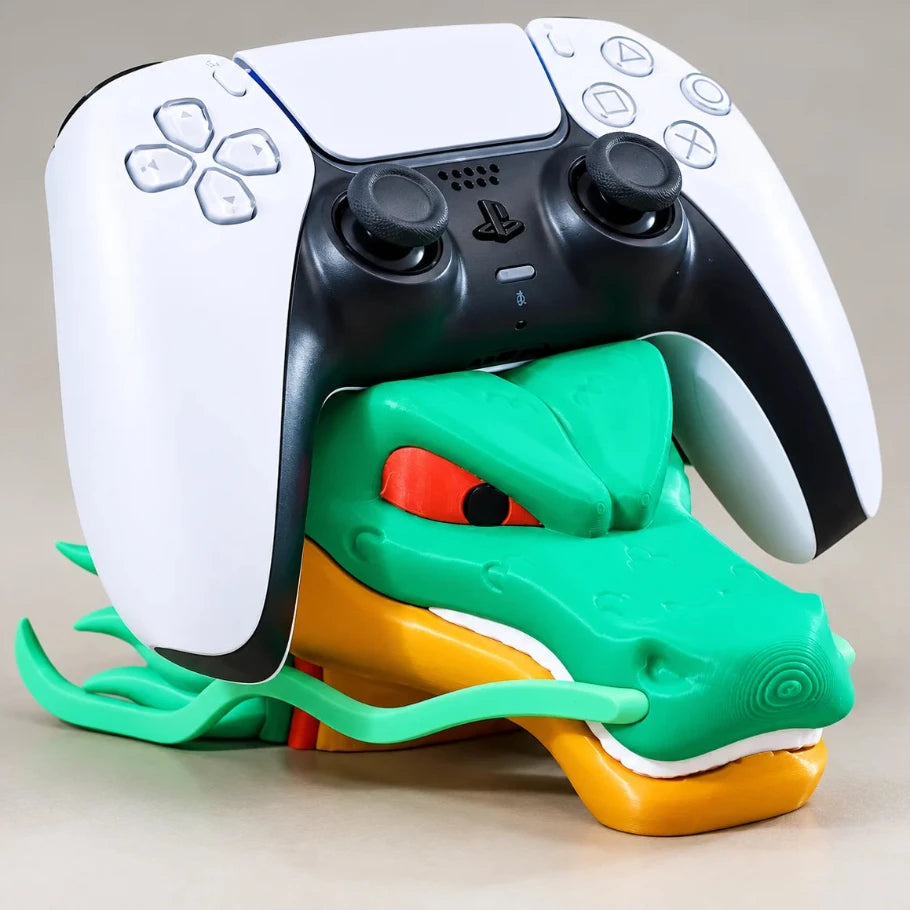 Green dragon head controller stand, product shot - Fictioo
