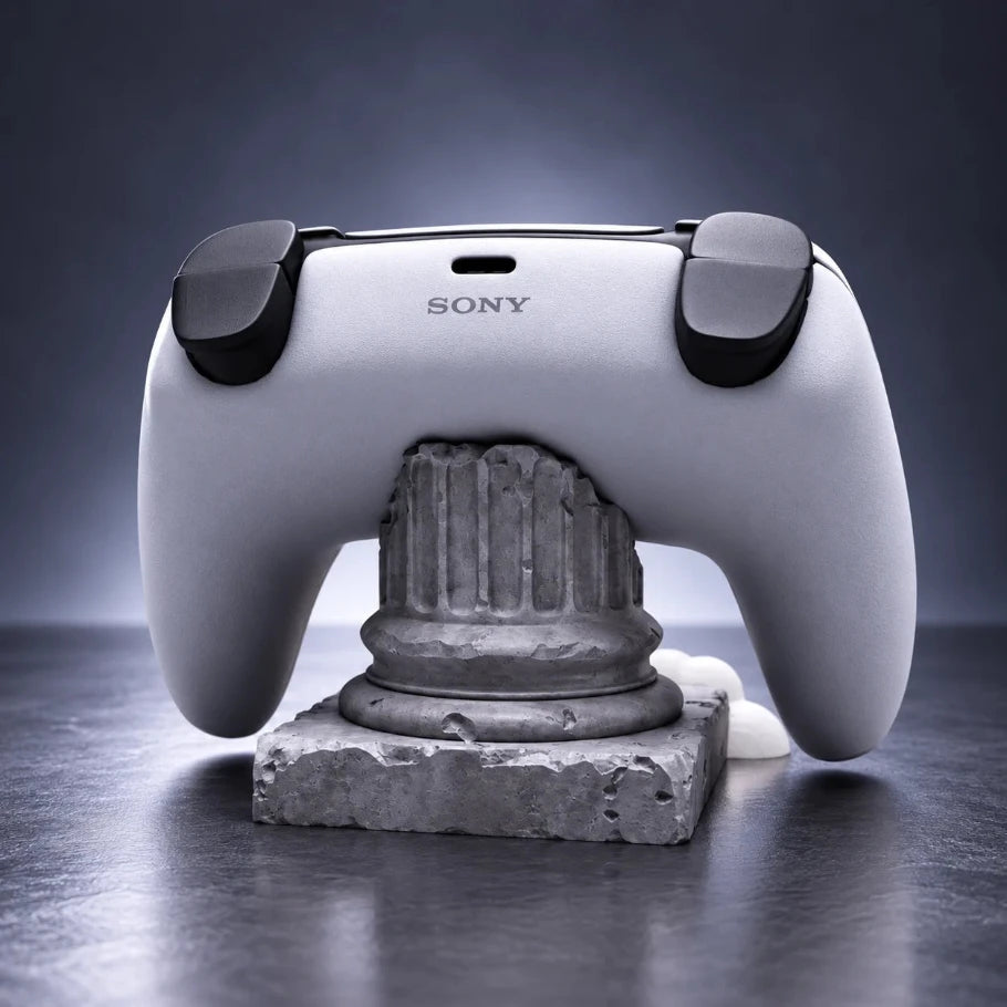 back view of a ps5 controller resting on olympus pillar stone-style gaming controller stand