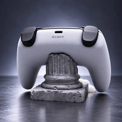 Back view of a PS5 controller resting on Olympus Pillar stone-style gaming controller stand