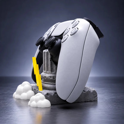 Three-quarter view of Olympus pillar styled gaming controller stand with textured stone finish, lightning bolt and cloud details