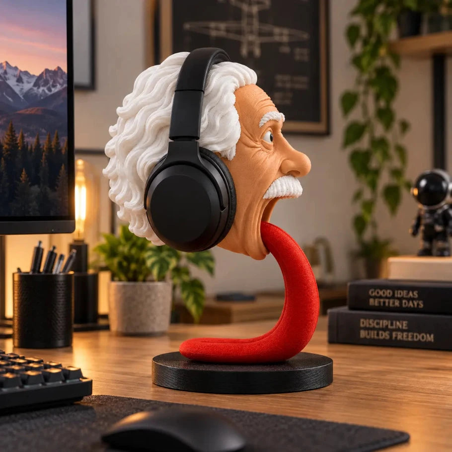 Side-profile Einstein-inspired 3D printed headphone stand holding black over-ear headphones in a cozy modern workspace with a monitor, plants, books, lamp, keyboard, and mouse