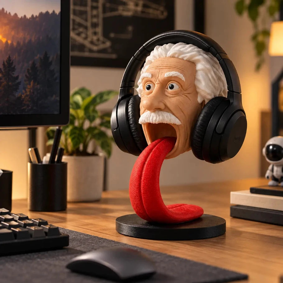 Einstein-inspired headphone stand holding black over-ear headphones on a modern desk setup with a monitor, keyboard, mouse, plants, books, and warm ambient lighting