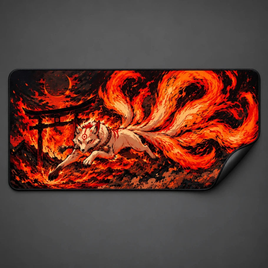 kitsune inferno gaming deskmat on a pc desk setup - xl extended mouse pad - fictioo