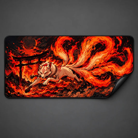 Kitsune inferno gaming deskmat on a PC desk setup - XL extended mouse pad - Fictioo