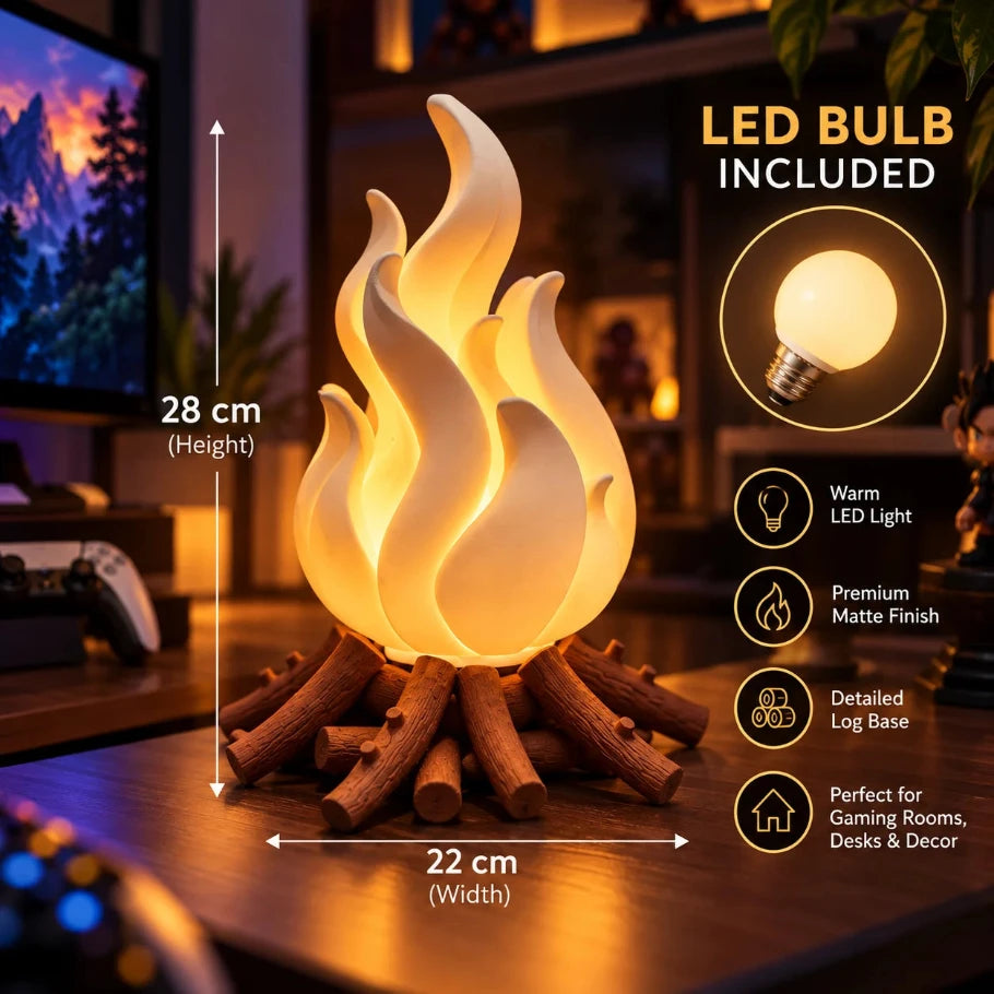 flame-shaped led lamp with wooden log base showing 22 cm width, 28 cm height and led bulb included