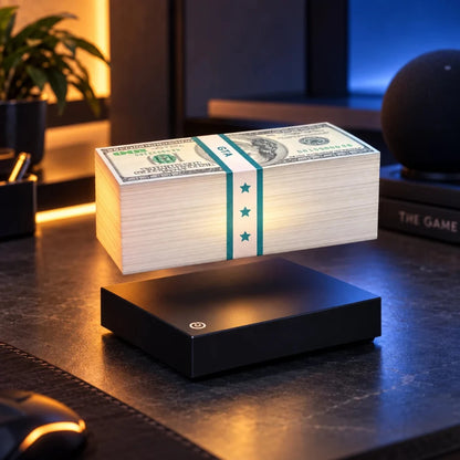 Floating money stack levitation lamp on a black square base in a premium gaming setup