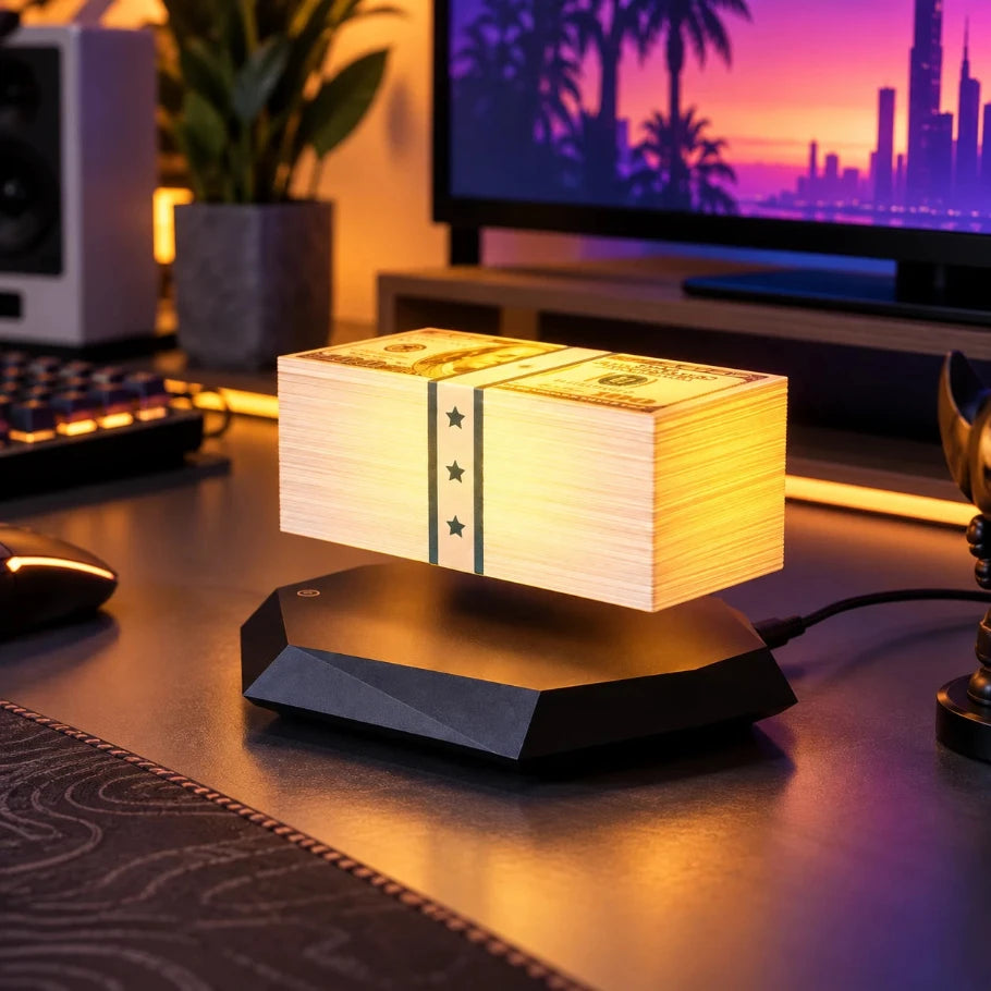 Floating money stack lamp viewed from an angled perspective on a black levitation base