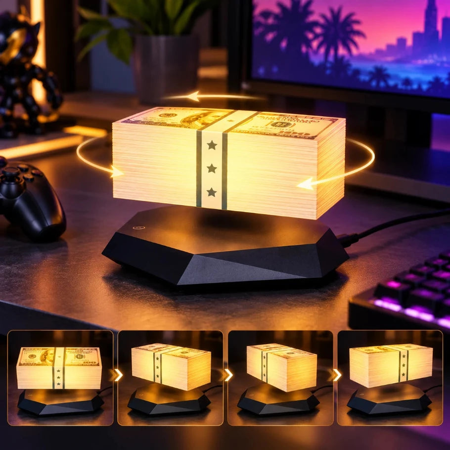 Floating money stack rotating above a levitation base with motion arrows showing 360-degree rotation